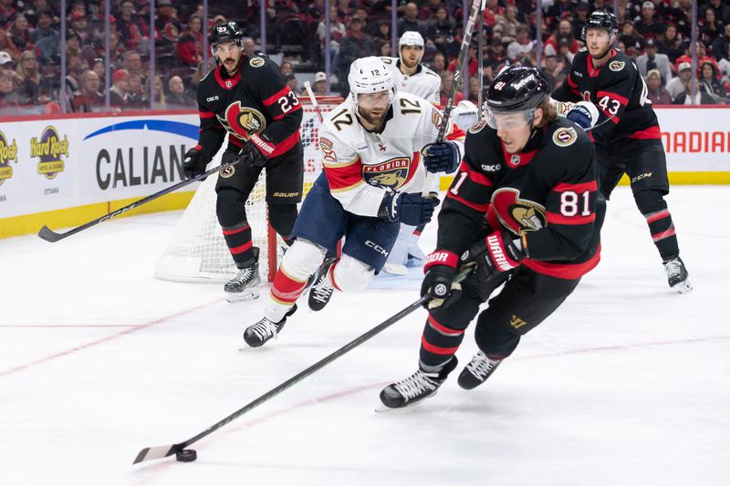 Oct 10, 2024; Ottawa, Ontario, CAN; Ottawa Senators right wing Adam Gaudette (81) skates with the puck in the second period against the Florida Panthers at the Canadian Tire Centre. Mandatory Credit: Marc DesRosiers-Imagn Images