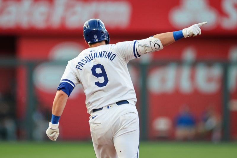 Jun 24, 2024; Kansas City, Missouri, USA; Kansas City Royals first base Vinnie Pasquantino (9) points to the crowd as he rounds the bases after hitting a home run during the fourth inning against the Miami Marlins at Kauffman Stadium. Mandatory Credit: William Purnell-USA TODAY Sports