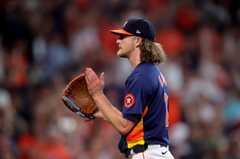 Jun 1, 2024; Houston, Texas, USA; Houston Astros relief pitcher Josh Hader (71) reacts after the final out against the Minnesota Twins during the ninth inning at Minute Maid Park. Mandatory Credit: Erik Williams-USA TODAY Sports