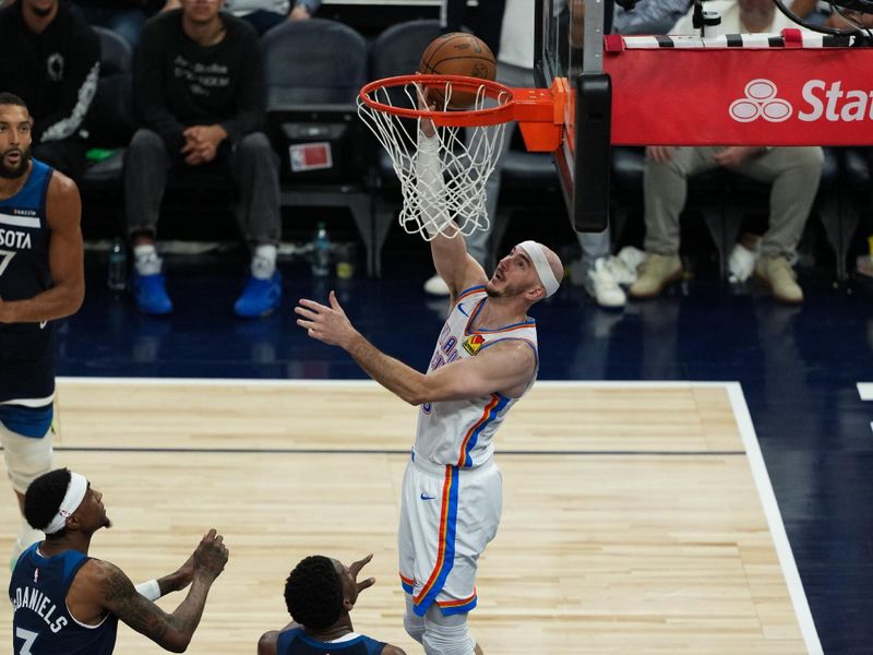 MINNEAPOLIS, MN -  MAY 26: Alex Caruso #9 of the Oklahoma City Thunder drives to the basket during the game against the Minnesota Timberwolves  during Game Three of the Western Conference Finals on May 26, 2025 at Target Center in Minneapolis, Minnesota. NOTE TO USER: User expressly acknowledges and agrees that, by downloading and or using this Photograph, user is consenting to the terms and conditions of the Getty Images License Agreement. Mandatory Copyright Notice: Copyright 2025 NBAE (Photo by Jordan Johnson/NBAE via Getty Images)