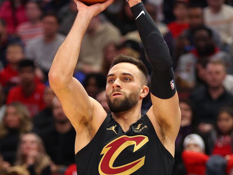 CHICAGO, ILLINOIS - DECEMBER 23: Max Strus #1 of the Cleveland Cavaliers shoots a three pointer against the Chicago Bulls during the first half at the United Center on December 23, 2023 in Chicago, Illinois. NOTE TO USER: User expressly acknowledges and agrees that, by downloading and or using this photograph, User is consenting to the terms and conditions of the Getty Images License Agreement.  (Photo by Michael Reaves/Getty Images)