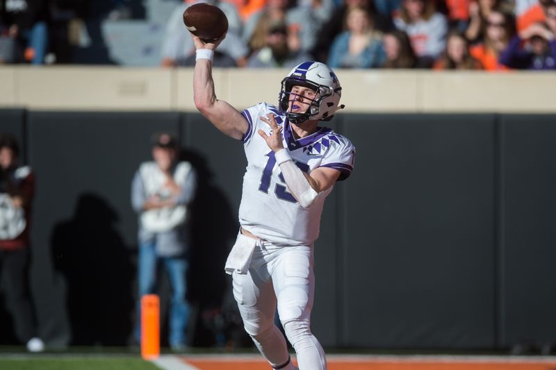 Nov 2, 2019; Stillwater, OK, USA; TCU Horned Frogs quarterback Max Duggan (15) throws the ball against the Oklahoma State Cowboys during the second quarter at Boone Pickens Stadium. Mandatory Credit: Brett Rojo-USA TODAY Sports