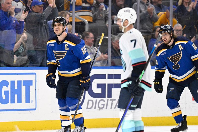 Apr 14, 2024; St. Louis, Missouri, USA; St. Louis Blues center Brayden Schenn (10) reacts after scoring a goal against the Seattle Kraken during the third period at Enterprise Center. Mandatory Credit: Jeff Le-USA TODAY Sports