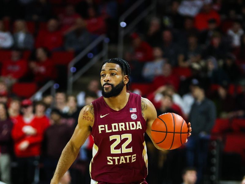 Feb 1, 2023; Raleigh, North Carolina, USA; Florida State Seminoles guard Darin Green Jr. (22) dribbles during the second half against North Carolina State Wolfpack at PNC Arena.  Mandatory Credit: Jaylynn Nash-USA TODAY Sports