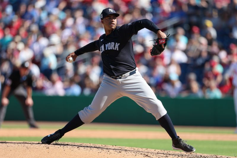 Feb 25, 2024; Clearwater, Florida, USA;  Philadelphia Phillies relief pitcher Duane Underwood Jr. (54)at BayCare Ballpark. Mandatory Credit: Nathan Ray Seebeck-USA TODAY Sports