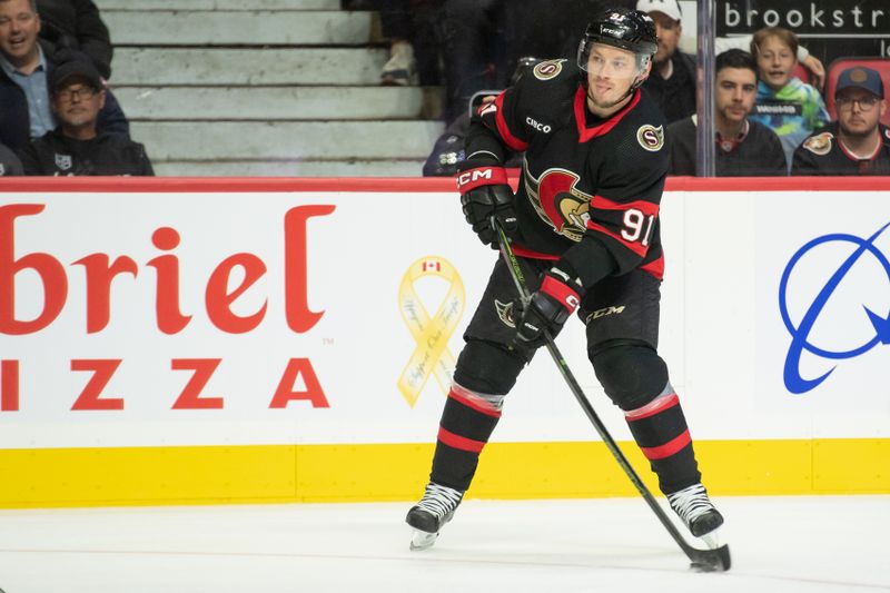 Nov 2, 2023; Ottawa, Ontario, CAN; Ottawa Senators right wing Vladimir Tarasenko (91) controls the puck in the first period against the Los Angeles Kings at the Canadian Tire Centre. Mandatory Credit: Marc DesRosiers-USA TODAY Sports