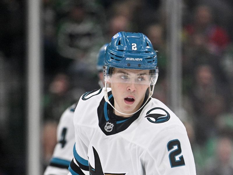 Nov 20, 2024; Dallas, Texas, USA; San Jose Sharks center Will Smith (2) skates skates against the Dallas Stars during the third period at the American Airlines Center. Mandatory Credit: Jerome Miron-Imagn Images