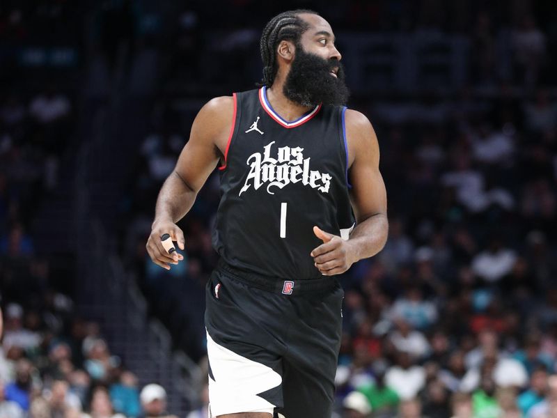 CHARLOTTE, NC - MARCH 31: James Harden #1 of the LA Clippers looks on during the game against the Charlotte Hornets on March 31, 2024 at Spectrum Center in Charlotte, North Carolina. NOTE TO USER: User expressly acknowledges and agrees that, by downloading and or using this photograph, User is consenting to the terms and conditions of the Getty Images License Agreement.  Mandatory Copyright Notice:  Copyright 2024 NBAE (Photo by Brock Williams-Smith/NBAE via Getty Images)