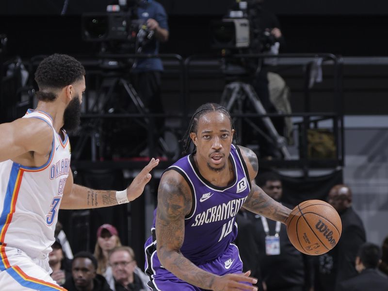 SACRAMENTO, CA - NOVEMBER 25: DeMar DeRozan #10 of the Sacramento Kings dribbles the ball during the game against the Oklahoma City Thunder on November 25, 2024 at Golden 1 Center in Sacramento, California. NOTE TO USER: User expressly acknowledges and agrees that, by downloading and or using this Photograph, user is consenting to the terms and conditions of the Getty Images License Agreement. Mandatory Copyright Notice: Copyright 2024 NBAE (Photo by Rocky Widner/NBAE via Getty Images)