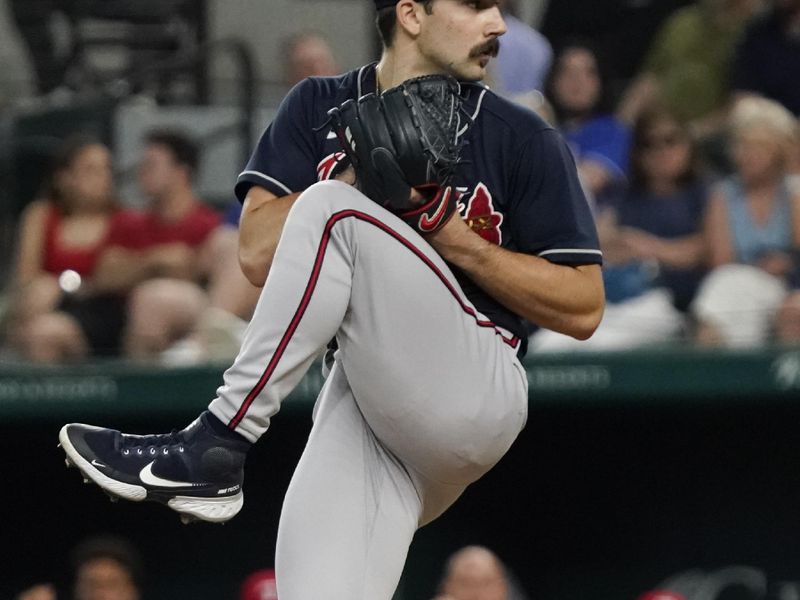 May 17, 2023; Arlington, Texas, USA; Atlanta Braves starting pitcher Spencer Strider (99) throws during the first inning against the Texas Rangers at Globe Life Field. Mandatory Credit: Raymond Carlin III-USA TODAY Sports