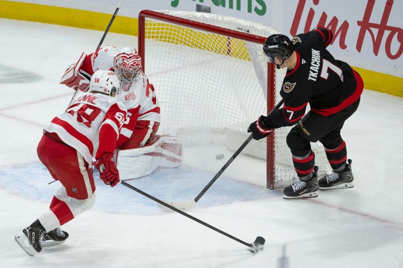 Jan 5, 2026; Ottawa, Ontario, CAN; Ottawa Senators left wing Brady Tkachuk (7) scores against Detroit Red Wings John Gibson (36) in the third period at the Canadian Tire Centre. Mandatory Credit: Marc DesRosiers-IMAGN Images