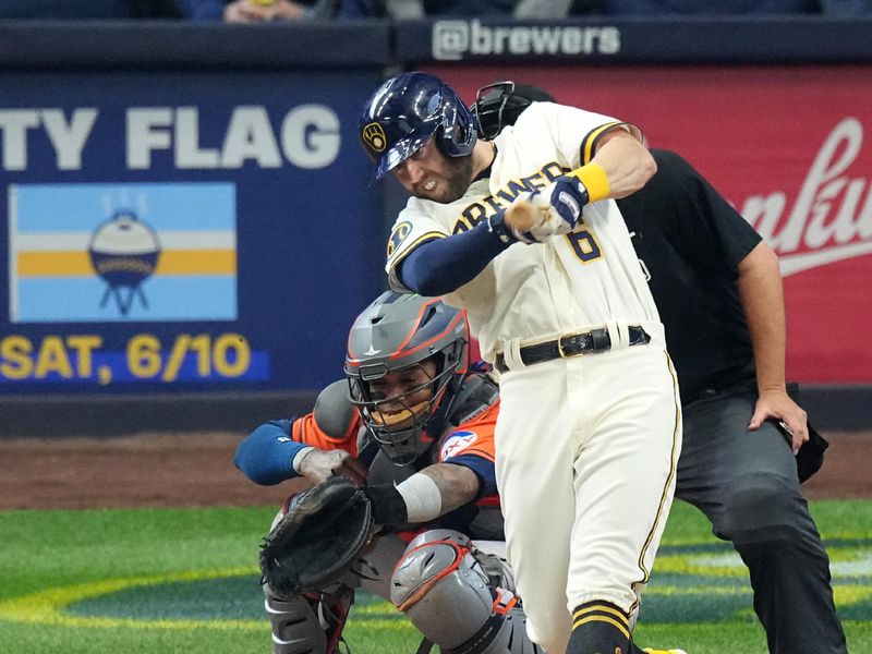 May 24, 2023; Milwaukee, Wisconsin, USA; Milwaukee Brewers second baseman Owen Miller (6) hits a solo home run during the seventh inning of their game against the Houston Astros at American Family Field. Mandatory Credit: Mark Hoffman-USA TODAY Sports