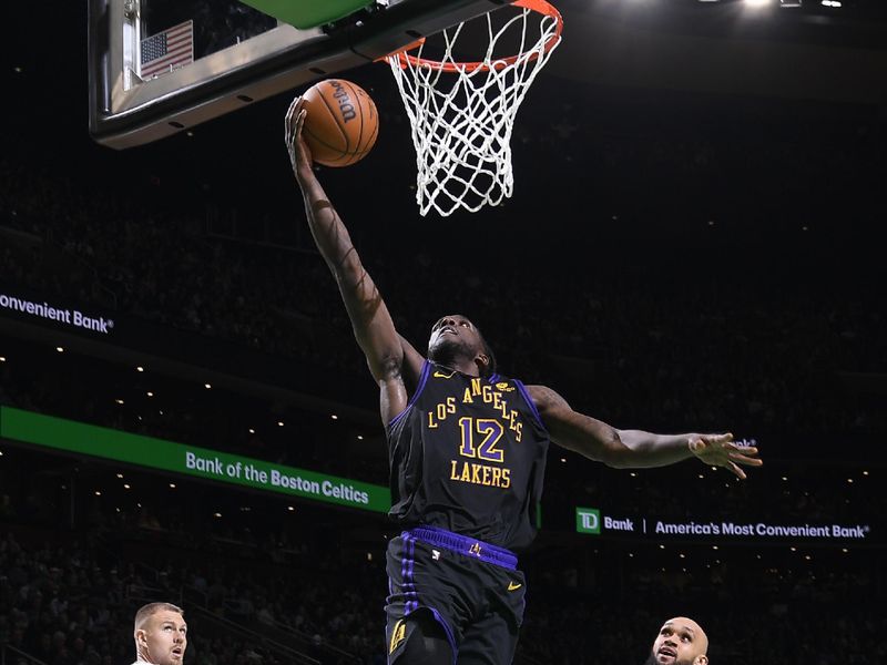 BOSTON, MA - FEBRUARY 1:  Taurean Prince #12 of the Los Angeles Lakers drives to the basket during the game  against the Boston Celtics on February 1, 2024 at the TD Garden in Boston, Massachusetts. NOTE TO USER: User expressly acknowledges and agrees that, by downloading and or using this photograph, User is consenting to the terms and conditions of the Getty Images License Agreement. Mandatory Copyright Notice: Copyright 2024 NBAE  (Photo by Brian Babineau/NBAE via Getty Images) 