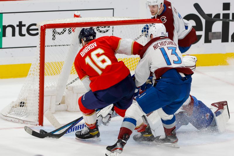 Feb 11, 2023; Sunrise, Florida, USA; Florida Panthers center Aleksander Barkov (16) scores during the third period against the Colorado Avalanche at FLA Live Arena. Mandatory Credit: Sam Navarro-USA TODAY Sports