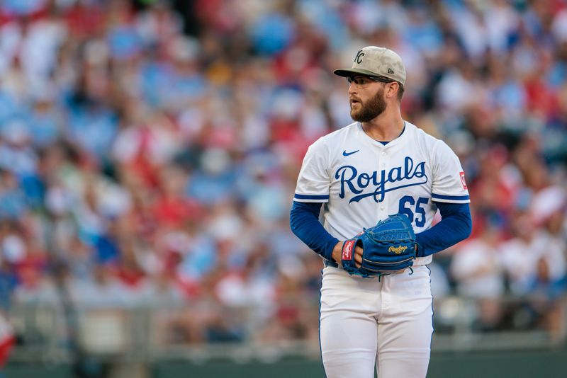 May 17, 2025; Kansas City, Missouri, USA; Kansas City Royals pitcher Noah Cameron (65) on the mound during the first inning against the St. Louis Cardinals at Kauffman Stadium. Mandatory Credit: William Purnell-Imagn Images