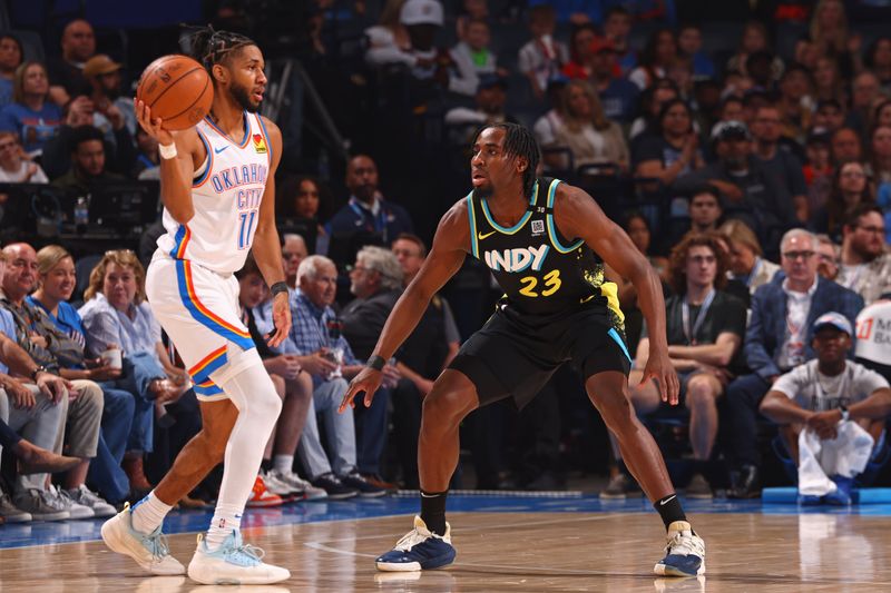 OKLAHOMA CITY, OK - MARCH 12: Aaron Nesmith #23 of the Indiana Pacers plays defense during the game against the Oklahoma City Thunder on March 12, 2024 at Paycom Arena in Oklahoma City, Oklahoma. NOTE TO USER: User expressly acknowledges and agrees that, by downloading and or using this photograph, User is consenting to the terms and conditions of the Getty Images License Agreement. Mandatory Copyright Notice: Copyright 2024 NBAE (Photo by Zach Beeker/NBAE via Getty Images)