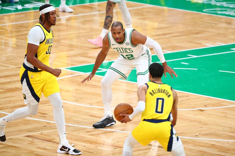 BOSTON, MA - MAY 21: Al Horford #42 of the Boston Celtics plays defense during the game against the Indiana Pacers during Game 1 of the Eastern Conference Finals of the 2024 NBA Playoffs on May 21, 2024 at the TD Garden in Boston, Massachusetts. NOTE TO USER: User expressly acknowledges and agrees that, by downloading and or using this photograph, User is consenting to the terms and conditions of the Getty Images License Agreement. Mandatory Copyright Notice: Copyright 2024 NBAE  (Photo by David L. Nemec/NBAE via Getty Images)