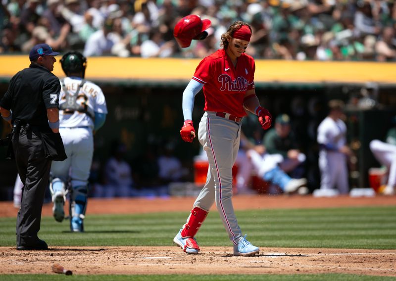 Jun 18, 2023; Oakland, California, USA; Philadelphia Phillies first baseman Alec Bohm (28) reacts to striking out against the Oakland Athletics during the third inning at Oakland-Alameda County Coliseum. Mandatory Credit: D. Ross Cameron-USA TODAY Sports