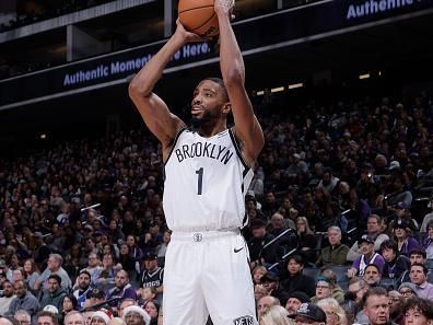 SACRAMENTO, CA - DECEMBER 11: Mikal Bridges #1 of the Brooklyn Nets shoots the ball during the game against the Sacramento Kings on December 11, 2023 at Golden 1 Center in Sacramento, California. NOTE TO USER: User expressly acknowledges and agrees that, by downloading and or using this Photograph, user is consenting to the terms and conditions of the Getty Images License Agreement. Mandatory Copyright Notice: Copyright 2023 NBAE (Photo by Rocky Widner/NBAE via Getty Images)