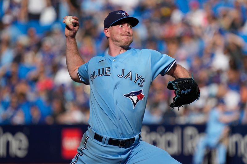 Oct 1, 2023; Toronto, Ontario, CAN; Toronto Blue Jays starting pitcher Wes Parsons (46) pitches to the Tampa Bay Rays during the third inning at Rogers Centre. Mandatory Credit: John E. Sokolowski-USA TODAY Sports