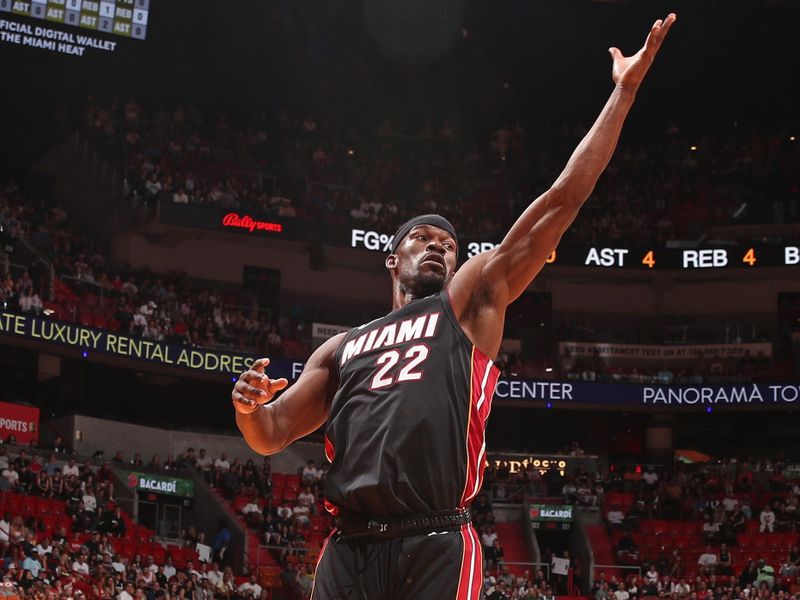 MIAMI, FL - MARCH 2: Jimmy Butler #22 of the Miami Heat rebounds during the game against the Utah Jazz on March 2, 2024 at Kaseya Center in Miami, Florida. NOTE TO USER: User expressly acknowledges and agrees that, by downloading and or using this Photograph, user is consenting to the terms and conditions of the Getty Images License Agreement. Mandatory Copyright Notice: Copyright 2024 NBAE (Photo by Issac Baldizon/NBAE via Getty Images)