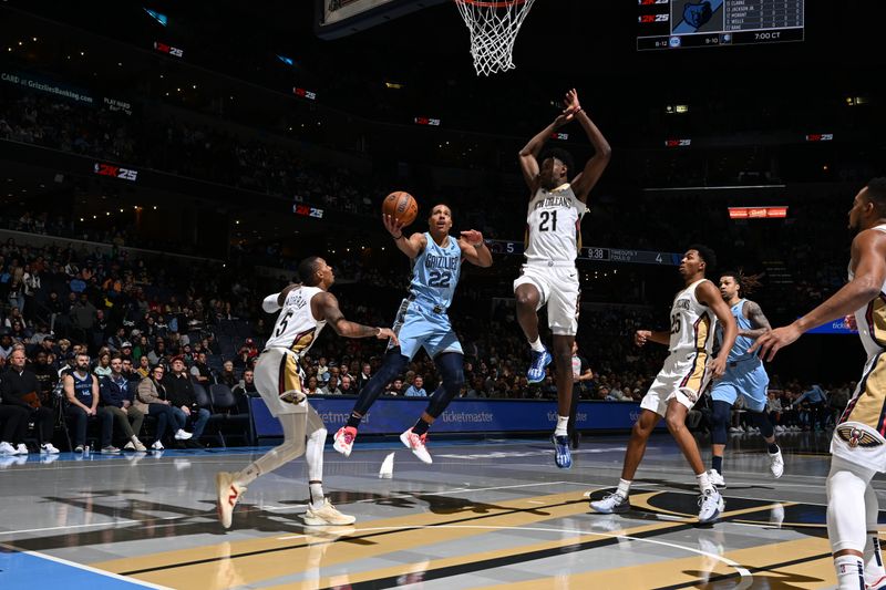 MEMPHIS, TN - NOVEMBER 29: Desmond Bane #22 of the Memphis Grizzlies drives to the basket during the game against the New Orleans Pelicans during the Emirates NBA Cup game on November 29, 2024 at FedExForum in Memphis, Tennessee. NOTE TO USER: User expressly acknowledges and agrees that, by downloading and or using this photograph, User is consenting to the terms and conditions of the Getty Images License Agreement. Mandatory Copyright Notice: Copyright 2024 NBAE (Photo by Grant Burke/NBAE via Getty Images)