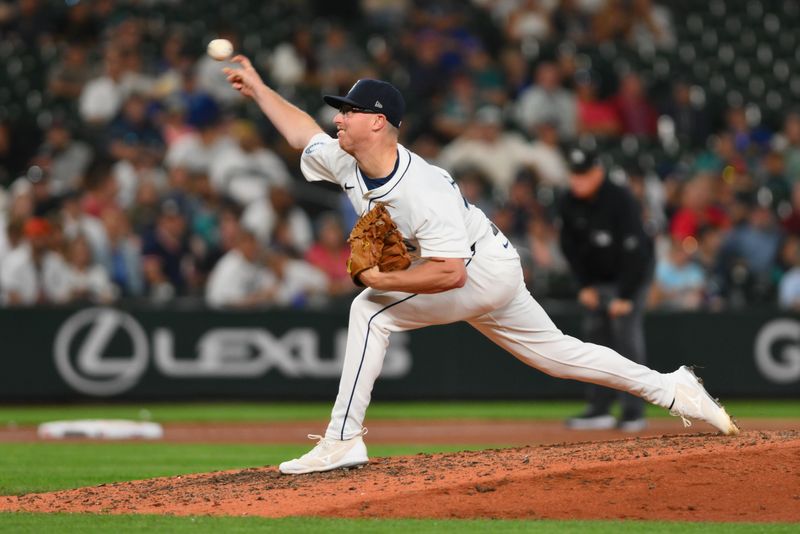 Aug 7, 2024; Seattle, Washington, USA; Seattle Mariners relief pitcher Trent Thornton (46) pitches to the Detroit Tigers during the ninth inning at T-Mobile Park. Mandatory Credit: Steven Bisig-USA TODAY Sports