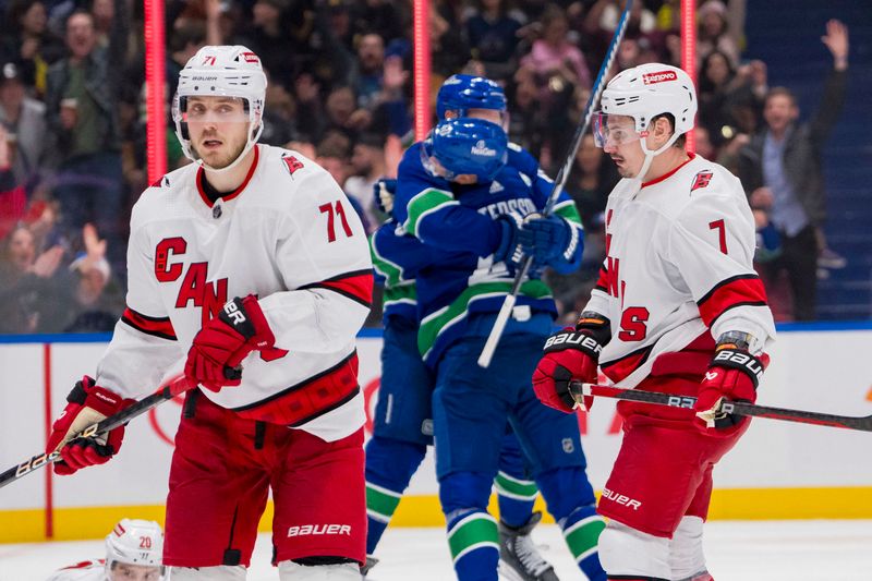 Dec 9, 2023; Vancouver, British Columbia, CAN; Carolina Hurricanes forward Jesper Fast (71) and defenseman Dmitry Orlov (7) react as Vancouver Canucks forward Elias Pettersson (40) and forward Sam Lafferty (18) celebrate Petterssons    goal  in the third period at Rogers Arena. Vancouver won 4-3. Mandatory Credit: Bob Frid-USA TODAY Sports