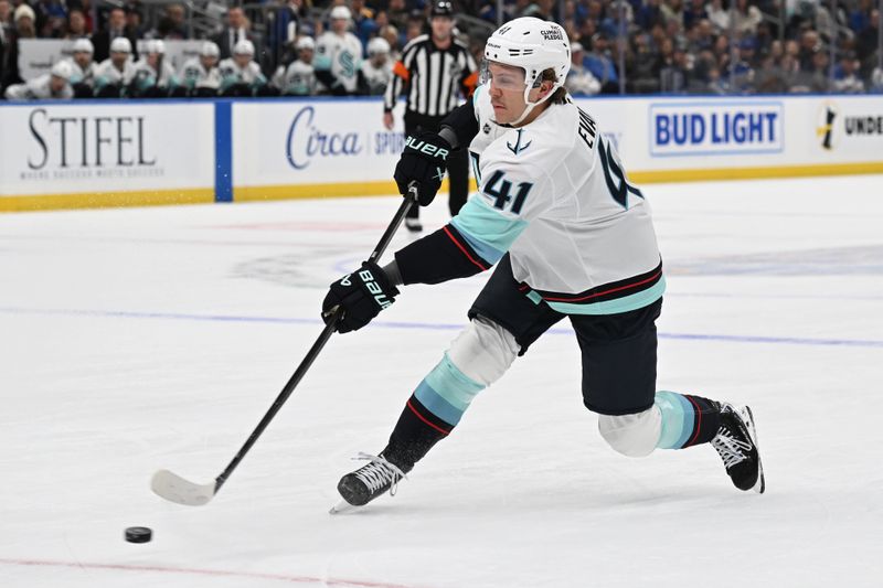 Nov 8, 2025; St. Louis, Missouri, USA; Seattle Kraken defenseman Ryker Evans (41) takes a shot against the St. Louis Blues in the first period at Enterprise Center. Mandatory Credit: Joe Puetz-Imagn Images