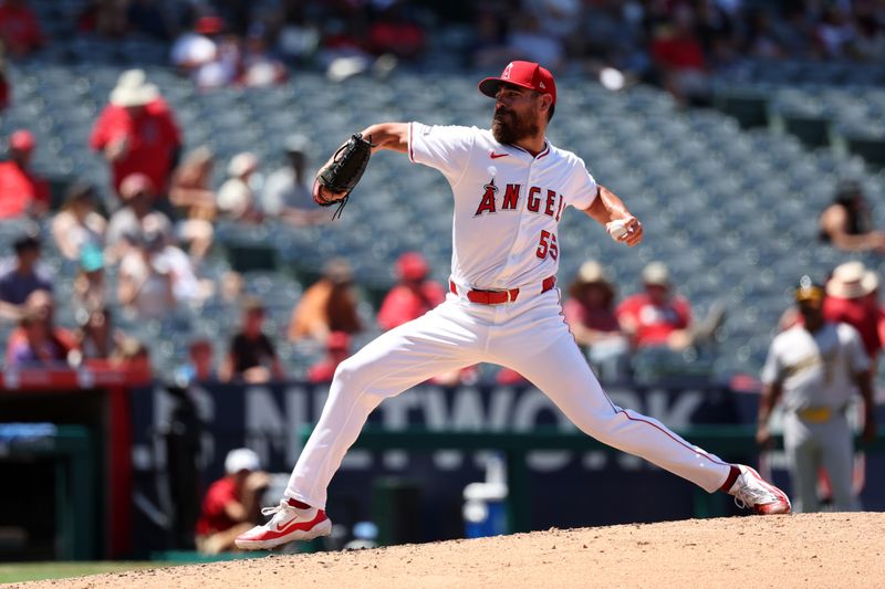 Jun 26, 2024; Anaheim, California, USA;  Los Angeles Angels relief pitcher Matt Moore (55) pitches during the sixth inning against the Oakland Athletics at Angel Stadium. Mandatory Credit: Kiyoshi Mio-USA TODAY Sports