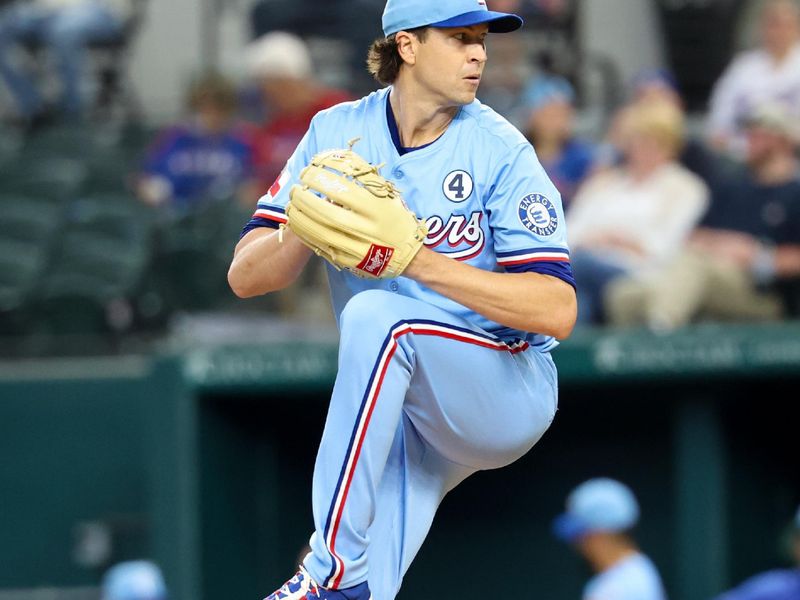 Jun 1, 2025; Arlington, Texas, USA; Texas Rangers starting pitcher Jacob deGrom (48) throws during the first inning against the St. Louis Cardinals at Globe Life Field. Mandatory Credit: Kevin Jairaj-Imagn Images
