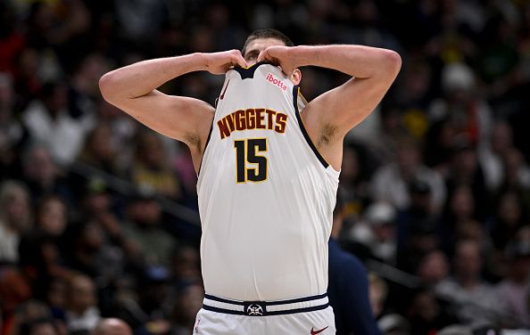 DENVER, CO - NOVEMBER 6: Nikola Jokic (15) of the Denver Nuggets reacts to his team's sub-par play against the New Orleans Pelicans during the second quarter at Ball Arena in Denver on Monday, November 6, 2023. (Photo by AAron Ontiveroz/The Denver Post)