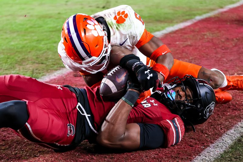 Nov 25, 2023; Columbia, South Carolina, USA; South Carolina Gamecocks defensive back Nick Emmanwori (21) and Clemson Tigers wide receiver Tyler Brown (6) wrestle for the ball in the second half at Williams-Brice Stadium. The play was ruled an interception by Emmanwori. Mandatory Credit: Jeff Blake-USA TODAY Sports