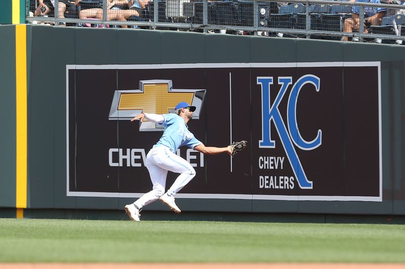 Jun 17, 2023; Kansas City, Missouri, USA; Kansas City Royals right fielder MJ Melendez (1) catches a foul ball in the third inning against the Los Angeles Angels at Kauffman Stadium. Mandatory Credit: Scott Sewell-USA TODAY Sports