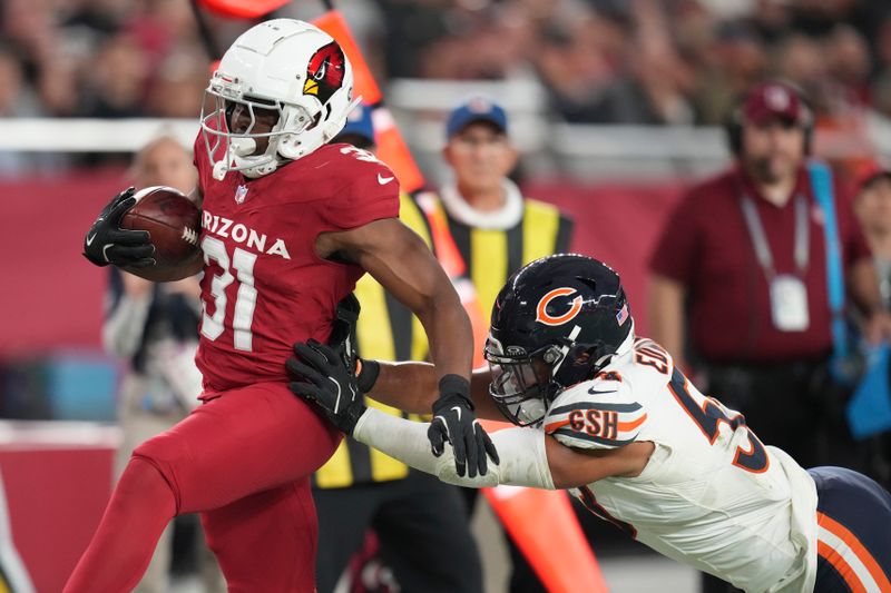 Arizona Cardinals running back Emari Demercado (31) is tackled by Chicago Bears linebacker T.J. Edwards during the second half of an NFL football game Sunday, Nov. 3, 2024, in Glendale, Ariz. (AP Photo/Ross D. Franklin)