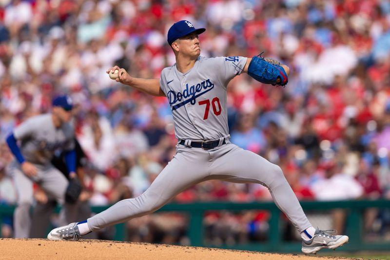 Jun 10, 2023; Philadelphia, Pennsylvania, USA; Los Angeles Dodgers starting pitcher Bobby Miller (70) throws a pitch during the third inning against the Philadelphia Phillies at Citizens Bank Park. Mandatory Credit: Bill Streicher-USA TODAY Sports