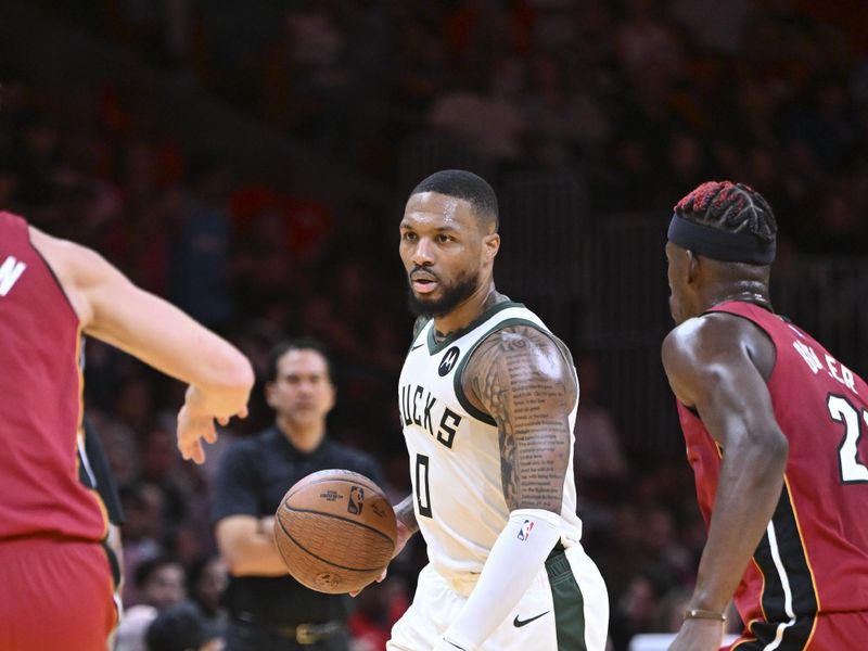 MIAMI, FL - NOVEMBER 26:  Damian Lillard #0 of the Milwaukee Bucks dribbles the ball during an NBA Cup game against the Miami Heat on November 26, 2024 at Kaseya Center in Miami, Florida. NOTE TO USER: User expressly acknowledges and agrees that, by downloading and or using this Photograph, user is consenting to the terms and conditions of the Getty Images License Agreement. Mandatory Copyright Notice: Copyright 2024 NBAE (Photo by Chris Tilley/NBAE via Getty Images)