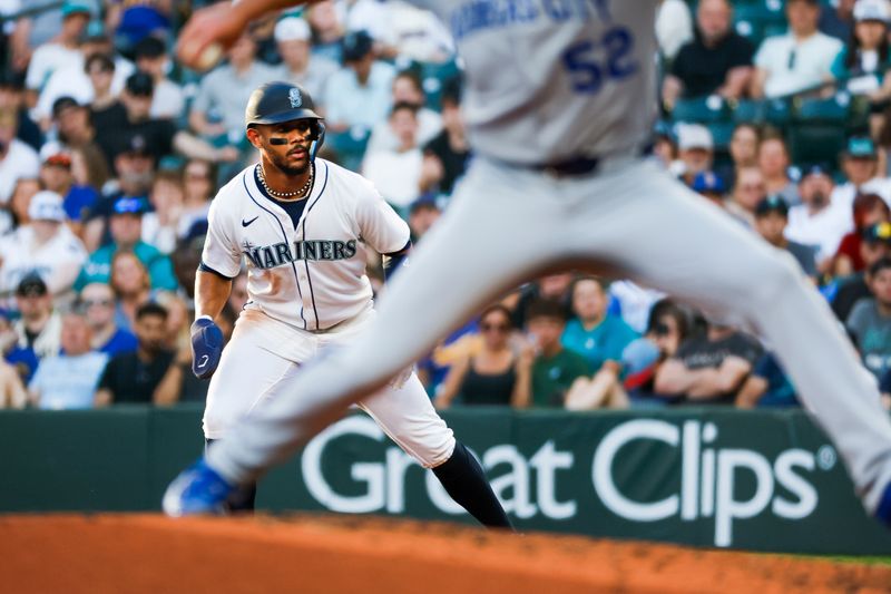 Jun 30, 2025; Seattle, Washington, USA; Seattle Mariners center fielder Julio Rodríguez (44) takes a lead from first base against the Kansas City Royals during the fifth inning at T-Mobile Park. Mandatory Credit: Joe Nicholson-Imagn Images