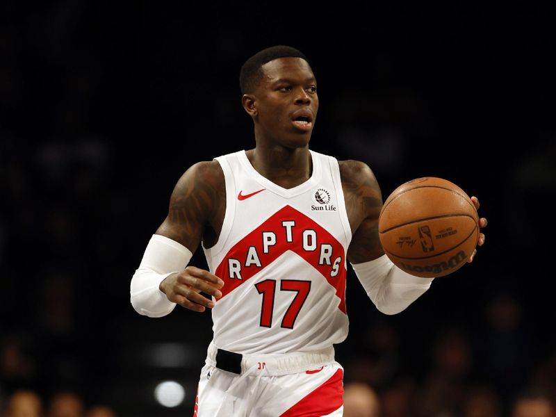 NEW YORK, NEW YORK - NOVEMBER 28: Dennis Schroder #17 of the Toronto Raptors dribbles during the first half of an NBA In-Season Tournament game against the Brooklyn Nets at Barclays Center on November 28, 2023 in the Brooklyn borough of New York City. NOTE TO USER: User expressly acknowledges and agrees that, by downloading and/or using this photograph, User is consenting to the terms and conditions of the Getty Images License Agreement. (Photo by Sarah Stier/Getty Images)