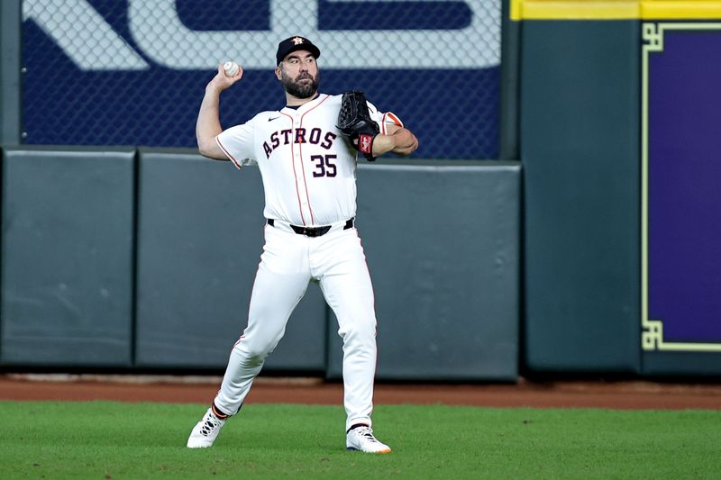 Aug 4, 2024; Houston, Texas, USA; Houston Astros starting pitcher Justin Verlander (35) works out prior to the game against the Tampa Bay Rays at Minute Maid Park. Mandatory Credit: Erik Williams-USA TODAY Sports