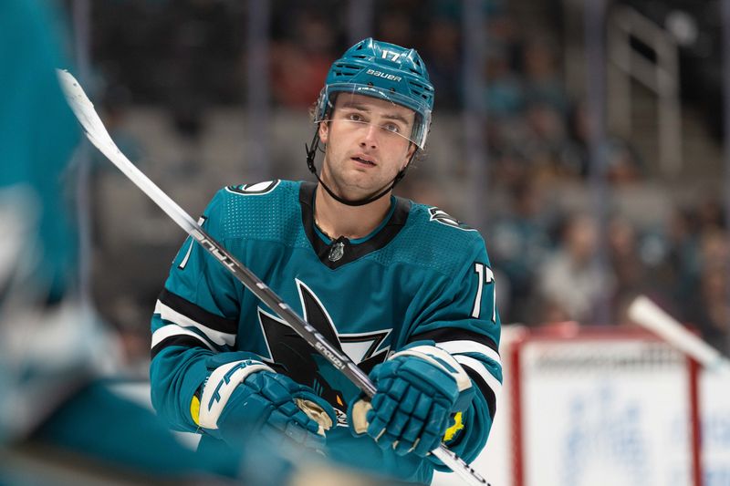 Sep 24, 2023; San Jose, California, USA;  San Jose Sharks center Thomas Bordeleau (17) during the third period against the Vegas Golden Knights at SAP Center at San Jose. Mandatory Credit: Stan Szeto-USA TODAY Sports