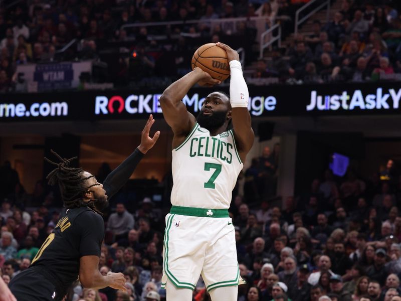 CLEVELAND, OH - MARCH 5: Jaylen Brown #7 of the Boston Celtics drives to the basket during the game against the Cleveland Cavaliers on March 5, 2024 at Rocket Mortgage FieldHouse in Cleveland, Ohio. NOTE TO USER: User expressly acknowledges and agrees that, by downloading and/or using this Photograph, user is consenting to the terms and conditions of the Getty Images License Agreement. Mandatory Copyright Notice: Copyright 2024 NBAE (Photo by Lauren Leigh Bacho<p><br/></p>/NBAE via Getty Images)