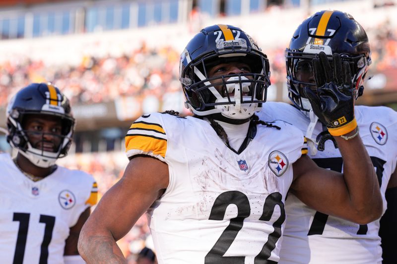 Pittsburgh Steelers running back Najee Harris (22) celebrates after scoring a touchdown against the Cincinnati Bengals during the first half of an NFL football game Sunday, Dec. 1, 2024, in Cincinnati. (AP Photo/Jeff Dean)