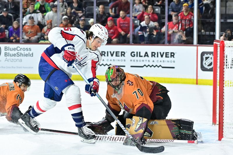 Jan 19, 2023; Tempe, Arizona, USA; Arizona Coyotes goaltender Karel Vejmelka (70) makes a save on Washington Capitals left wing Sonny Milano (15) in the first period at Mullett Arena. Mandatory Credit: Matt Kartozian-USA TODAY Sports