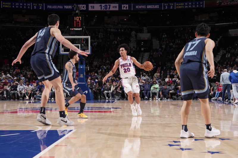 PHILADELPHIA, PA - NOVEMBER 2: Jared McCain #20 of the Philadelphia 76ers dribbles the ball during the game against the Memphis Grizzlies on November 2, 2024 at the Wells Fargo Center in Philadelphia, Pennsylvania NOTE TO USER: User expressly acknowledges and agrees that, by downloading and/or using this Photograph, user is consenting to the terms and conditions of the Getty Images License Agreement. Mandatory Copyright Notice: Copyright 2024 NBAE (Photo by Jesse D. Garrabrant/NBAE via Getty Images)