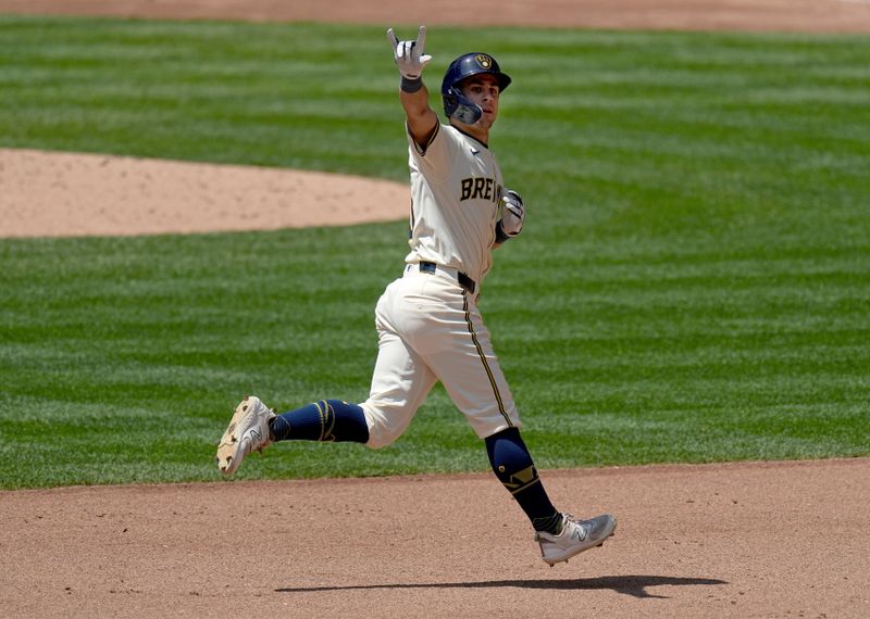 May 15, 2024; Milwaukee, Wisconsin, USA; Milwaukee Brewers outfielder Sal Frelick (10) celebrates his solo home run during the fourth inning of their game against the Pittsburgh Pirates at American Family Field at American Family Field. Mandatory Credit: Mark Hoffman-USA TODAY Sports