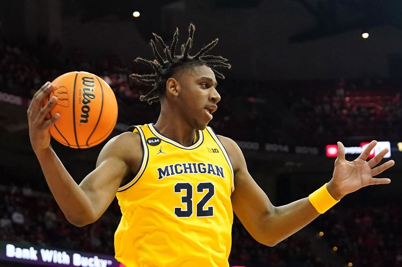 Feb 14, 2023; Madison, Wisconsin, USA;  Michigan Wolverines forward Tarris Reed Jr. (32) rebounds the ball against the Wisconsin Badgers during the second half at the Kohl Center. Mandatory Credit: Kayla Wolf-USA TODAY Sports