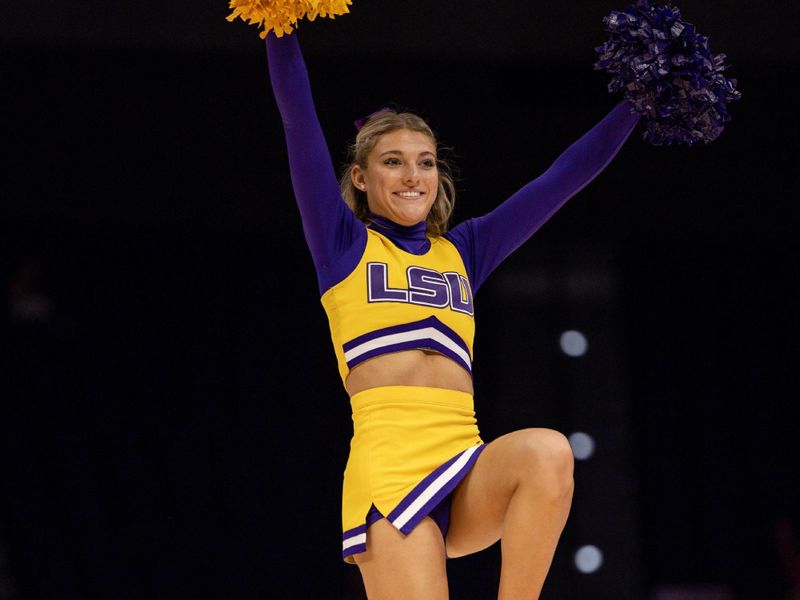 Feb 18, 2023; Baton Rouge, Louisiana, USA; LSU Tigers cheerleader performs on a time out against the South Carolina Gamecocks at Pete Maravich Assembly Center. Mandatory Credit: Stephen Lew-USA TODAY Sports