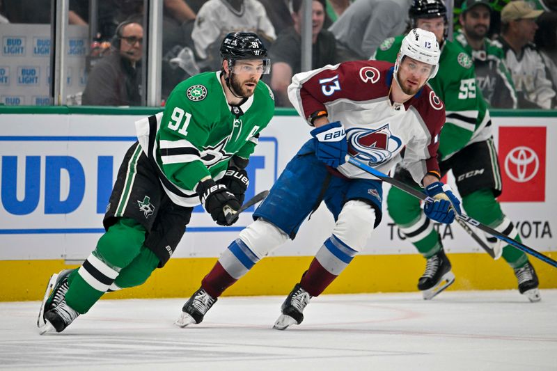 May 7, 2024; Dallas, Texas, USA; Dallas Stars center Tyler Seguin (91) and Colorado Avalanche right wing Valeri Nichushkin (13) look for the puck at center ice during the first period in game one of the second round of the 2024 Stanley Cup Playoffs at American Airlines Center. Mandatory Credit: Jerome Miron-USA TODAY Sports