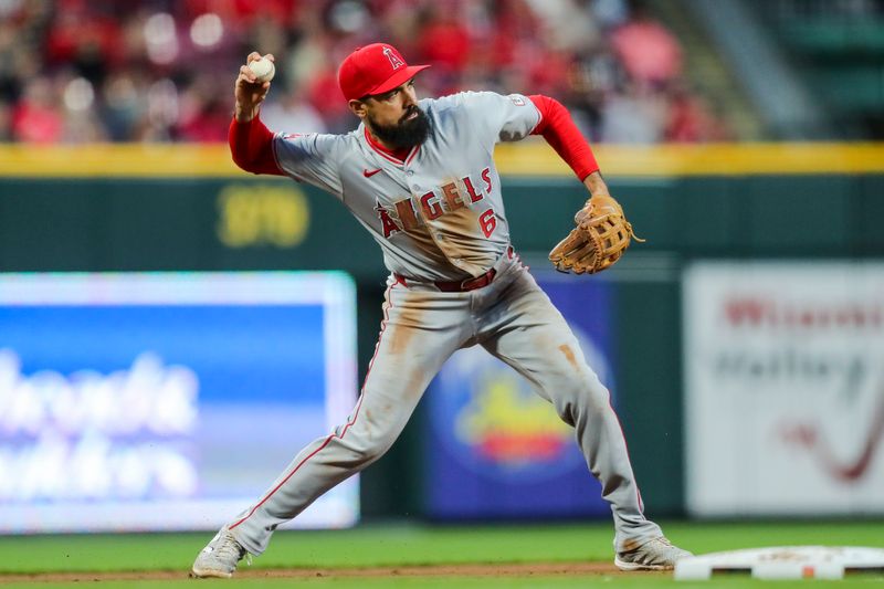 Apr 19, 2024; Cincinnati, Ohio, USA; Los Angeles Angels third baseman Anthony Rendon (6) throws to first to get Cincinnati Reds shortstop Elly De La Cruz (not pictured) out in the seventh inning at Great American Ball Park. Mandatory Credit: Katie Stratman-USA TODAY Sports